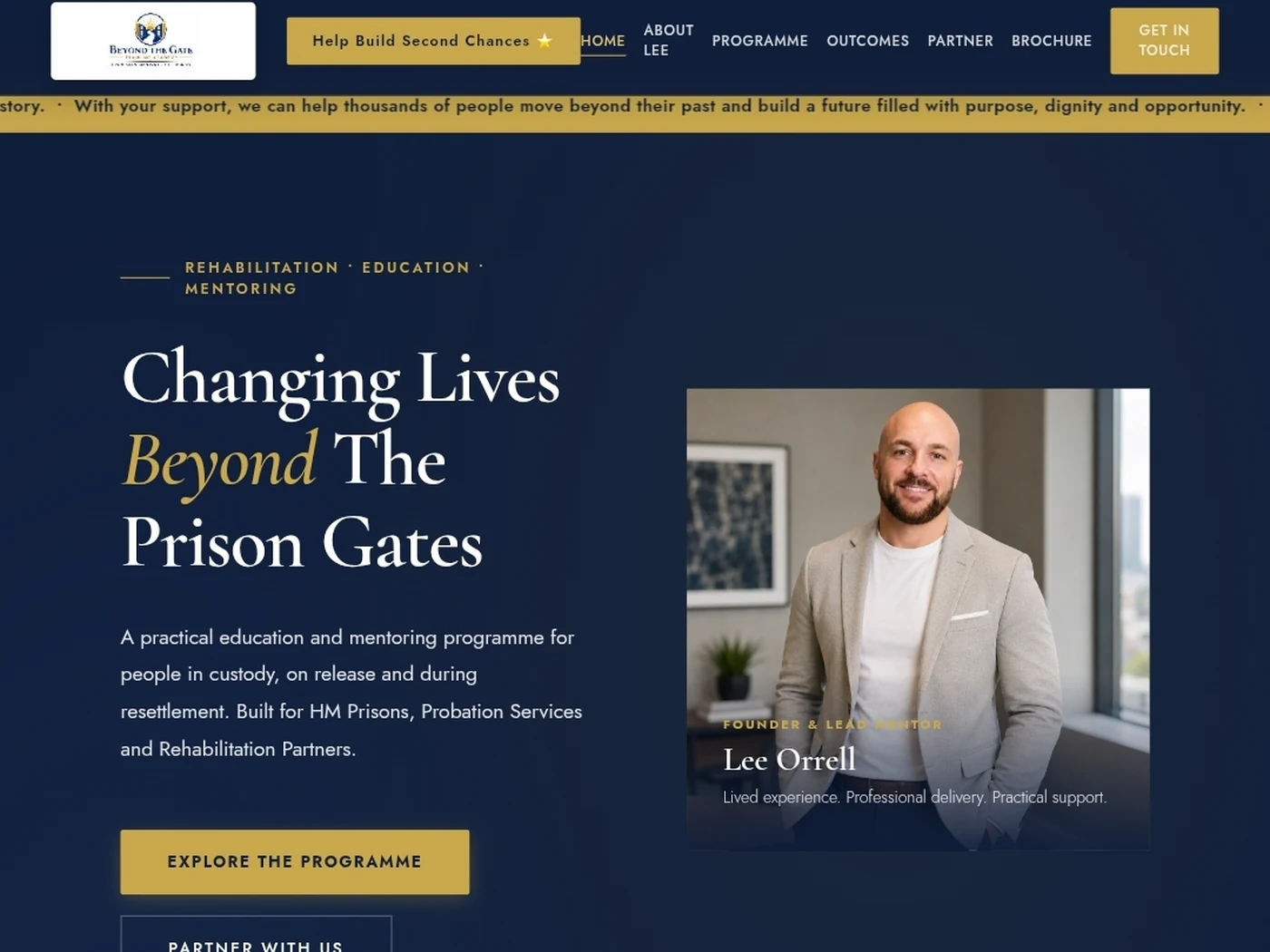 The Beyond The Gate homepage, a navy and gold site for a prison rehabilitation programme