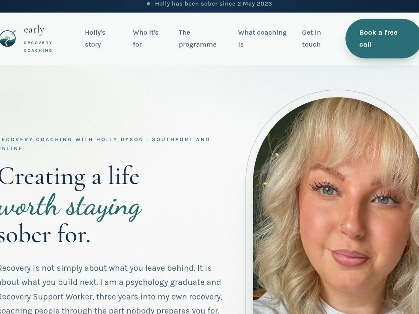 The Early Recovery Coaching homepage, a warm site for a sobriety coaching practice