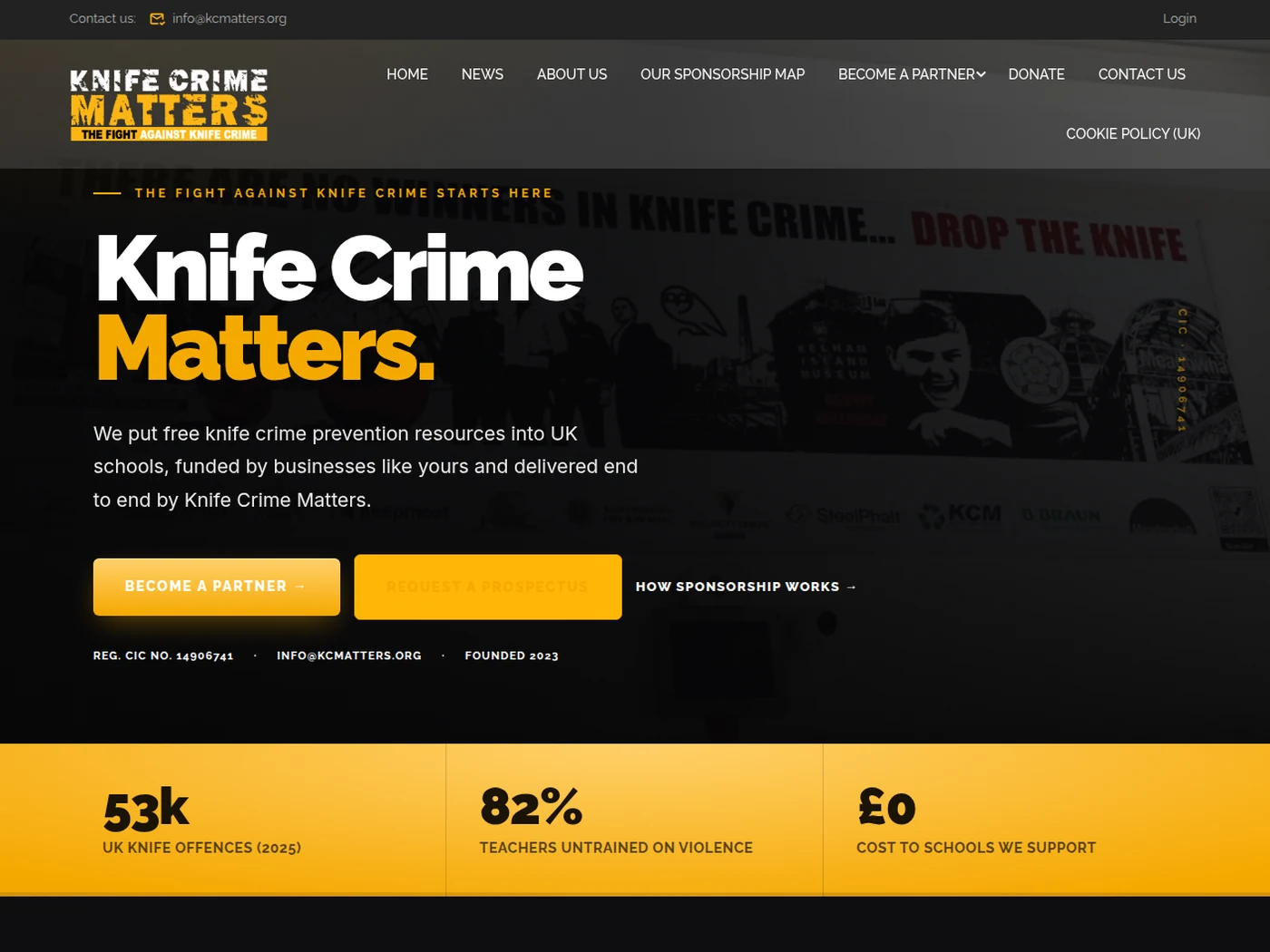 The Knife Crime Matters homepage, a bold campaign site in black and amber